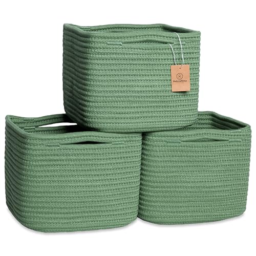 NaturalCozy Storage Cubes 9”x9”x7”Cotton Rope Woven Baskets for Organizing 3-Pack | 9 Inch Cube Storage Bin | Small Basket for Shelf Nursery, Pantry, Decorative Plant, Bathroom Closet, Toy Gift - color: Green