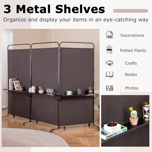 Giantex 3 Panel Room Divider with Wheels and Shelves, 103" W x 74" H Folding Privacy Screen, Rolling Partition Separator for Home Office Studio, Fabric Wall Divider for Room Separation (Brown) - color: Brown