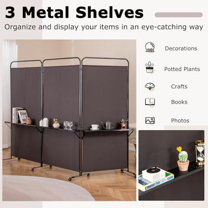 Giantex 3 Panel Room Divider with Wheels and Shelves, 103" W x 74" H Folding Privacy Screen, Rolling Partition Separator for Home Office Studio, Fabric Wall Divider for Room Separation (Brown) - color: Brown