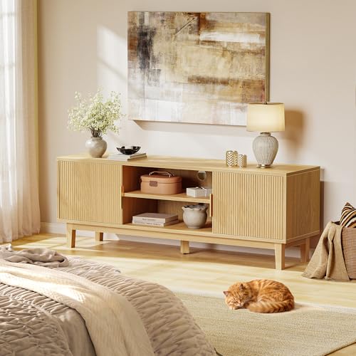 54 Inch Fluted TV Stand for TVs Up to 55, 60 Inch, Mid Century Modern Entertainment Center with Storage, TV Console with Adjustable Shelves, Midea Console for Living Room Bedroom, Beige - color: Nature