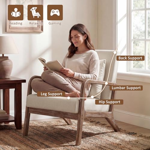 Mid Century Accent Chair with Solid Oak Frame & Linen Fabric, Beige | Upholstered Lumbar Pillow Lounge Chair Linen Fabric Cozy Leisure Chair Walnut Living Room Chair for Bedroom Waiting Room - color: Weathered Oak - Beige Fabric, style: 1 PCS