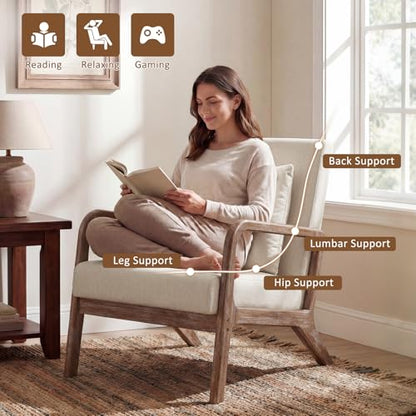 Mid Century Accent Chair with Solid Oak Frame Set of 2, Beige | Upholstered Lumbar Pillow Lounge Chair Linen Fabric Cozy Leisure Chair Walnut Living Room Chair for Bedroom Waiting Room - color: Weathered Oak - Beige Fabric, style: 2 PCS