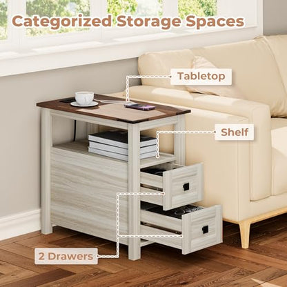 VVFLU Farmhouse End Table with Charging Station and 2 Drawers,Grey Wood Nightstand Narrow, Skinny Side Table Rustic, Slim Bedside Table, Open Shelf, Small for Bedroom, Living Room, Sofa - color: Grey/Wood
