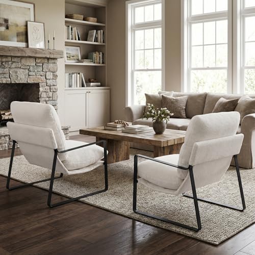 LukeAlon Modern Sherpa Accent Armchair, White | Sherpa Upholstered Living Room Chair With Metal Base & Thickened Cushion, Comfy Single Lounge Sofa for Bedroom, Office - color: Fur White
