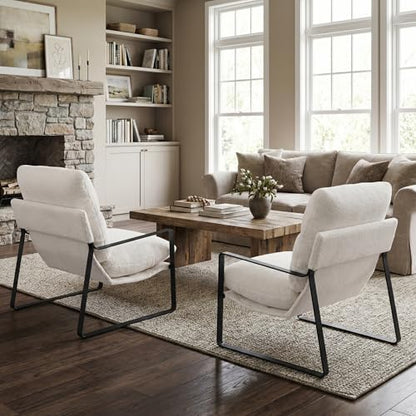 LukeAlon Modern Sherpa Accent Armchair, White | Sherpa Upholstered Living Room Chair With Metal Base & Thickened Cushion, Comfy Single Lounge Sofa for Bedroom, Office - color: Fur White