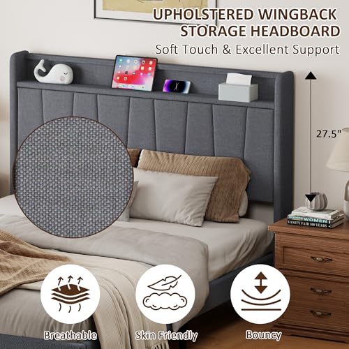 Queen Size Bed Frame with Headboard, Platform Bed with Upholstered Wingback Storage Headboard, Slats Support, No Box Spring Needed Dark Grey
