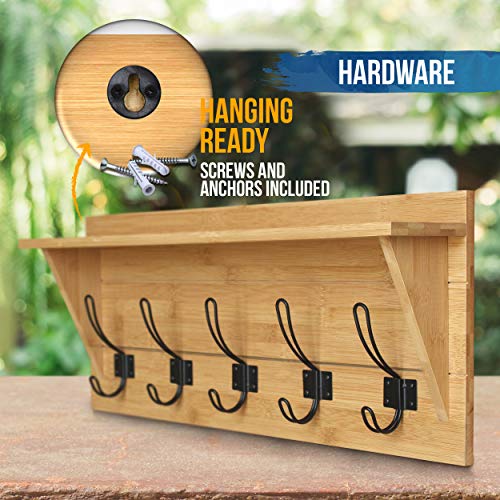 HBCY Creations Rustic Wall Mounted Coat Rack with Shelf - Solid Wood 24" Entryway Shelf with 5 Coat Hangers. Perfect Touch for Your Entryway, Mudroom, Kitchen, Bathroom and More, Bamboo - color: 4- Bamboo