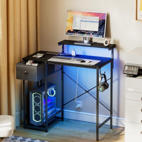X-cosrack 33.5" Small Gaming Desk with LED Lights & Power Outlets, Drawers | Computer Desk with Fabric Drawer & Side Hook, Reversible Table with Monitor Stand for Game Room, Bedroom, Carbon Fiber Black - color: Carbon Fiber Black, size: 33.5"