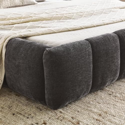 Chenille Fabric Upholstered Platform Bed Frame with Soft Headboard, Modern Low Profile Grounded Design, No Box Spring Needed, Sturdy MDF & Wood Frame, Neutral Style (Dark Grey, Queen (U.S. Standard)) - color: Dark Grey, size: Queen (U.S. Standard)