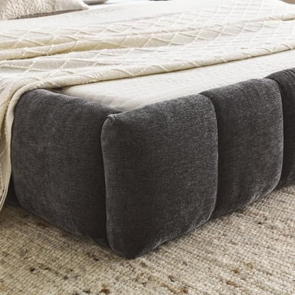 Chenille Fabric Upholstered Platform Bed Frame with Soft Headboard, Modern Low Profile Grounded Design, No Box Spring Needed, Sturdy MDF & Wood Frame, Neutral Style (Dark Grey, Queen (U.S. Standard)) - color: Dark Grey, size: Queen (U.S. Standard)