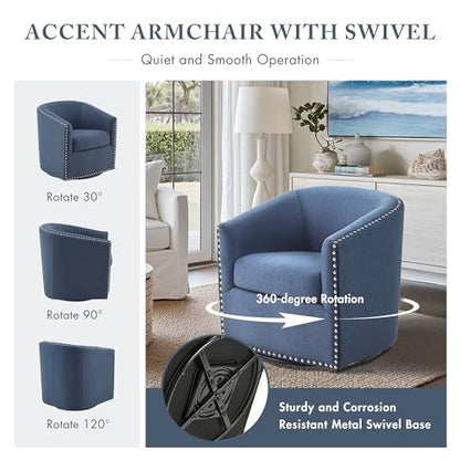 Madison Park Swivel Barrel Accent Chair, Upholstered Curved Back with 7-Inch Thick Woven Cushion, 360° Swivel, Nailhead Trim, Comfy Chair for Living Room, Bedroom, Office, 28" Wide, Blue, Tyler - color: Blue