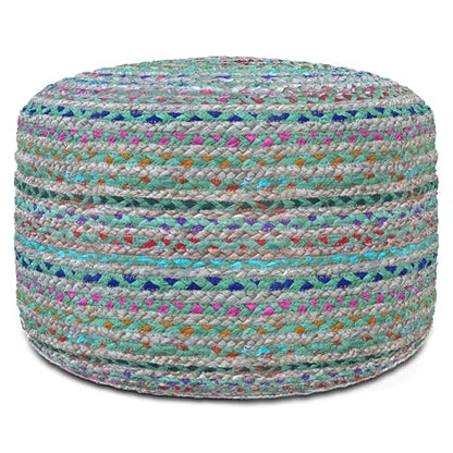 SIMPLIHOME Morden 18" Wide Square Pouf in Camel Brown Genuine Leather | Boho footstool, braided pouf, extra seating for living room or bedroom with polystyrene bead filling, assembled; accent seat. - color: Multi-green, style: Pouf