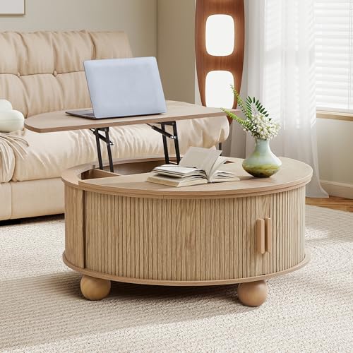 Fluted Round Lift Top Coffee Table with Hidden Storage, 33.5'' Modern Boho Center Table with Sliding Tambour Door & Solid Wood Legs, Circle Coffee Table for Living Room, Small Space, Natural - color: Natural, size: 33.5"D x33.5"W x 15.74"H