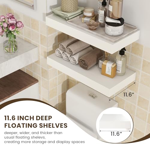 Deep Floating Shelves, 24'' x 12'' White Shelves for Wall Set of 2 | Invisible Brackets, Engineered Wood, Mounting Hardware Included, 40LBS, Bathroom, Laundry Room, Kitchen, Living Room - color: White, size: 24W x 11.6D x 2H, 2 Pack