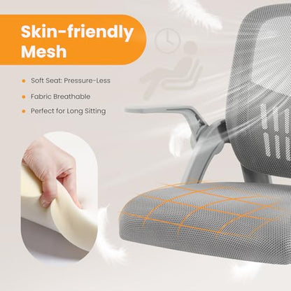 Sweetcrispy Computer Desk Chair, Home Office Chair, Lumbar Support | Flip Up Armrest, Adjustable Height, 360° Swivel Wheels, Ergonomic Mesh Mid-Back, Comfy Arms Bedroom Study - color: Grey, size: 23.22 Inch