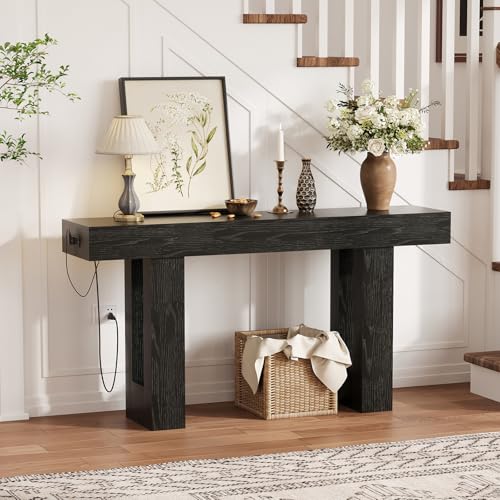 IDEALHOUSE 63" Entryway Table with Power Outlet, Console Table for Entryway | Black, Wooden Sofa Table, Narrow Hallway Foyer Table for Entryway, Hallway, Living Room - color: Black