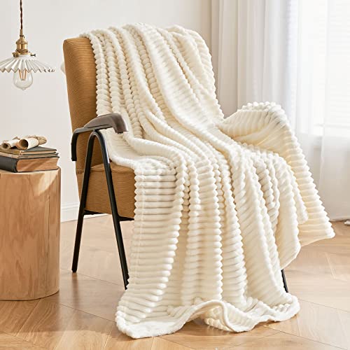 MIULEE Cream White Throw Blanket 3D Ribbed Jacquard Fleece Flannel Velvet Plush Decorative Bed Blanket (Throw, 50" x 60") - Super Soft, Lightweight, Warm and Cozy for Couch Sofa, Home Decor - color: Cream White, size: 50"x60"