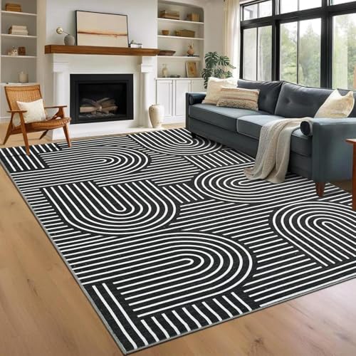 ROYHOME Modern Washable Rug 9x12 Area Rugs for Living Room Non Slip, Black | Abstract Rug for Bedroom, Rainbow Throw Rugs with Rubber Back, Low Pile Stain Resistant Boho Geometric Carpet for Dining Room - color: Black, size: 9' x 12' (Rectangular)