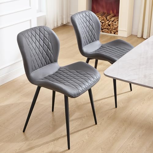Dining Chairs Set of 2, Comfy Modern Dining Chairs with Thick Cushions, Upholstered Fabric Kitchen Side Chairs with Adjustable Metal Legs for Dining Room (Dark Grey) - color: Dark Grey, size: Set of 2