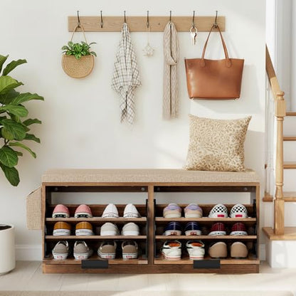 HOMMPA Shoe Storage Bench, Entryway Bench with Shoe Storage & 2 Flip Drawer & Seat Cushion, Rattan Hidden Shoe Rack Bench, Wooden Entry Way Shoe Cabinet for Hallway, Bedroom, Mudroom