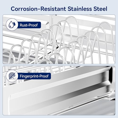 Stainless Steel Dish Drying Rack - Expandable Dish Racks for Kitchen Counter Organizer with Drain Board, Detachable Utensil & Cup Holder, Dish Drainer for Small Kitchen Counter, Grey - color: Gray
