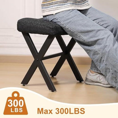 18-Inch Vanity Stool Chair, Black Makeup Stool | Teddy Flannel Vanity Bench, Metal X-Leg, 300 LBS, 16.3"x12.4"x18", Ottoman Accent Stool, Breathable Soft Saddle Seat - size: Small, style: Black Fabric