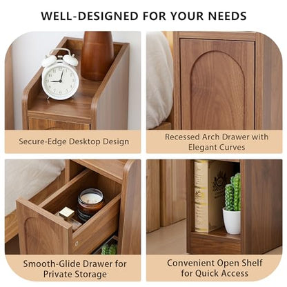 Narrow Nightstands Set of 2, Slim Bedside Tables with Raised Edge Top, Arched Drawer & Open Shelf, Modern Wooden Small End Tables for Bedroom Small Spaces (2, Walnut) - color: Walnut-arched Drawer, size: 2-Pack