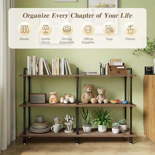 Industrial Bookshelf, Pipe Shelf Bookcase, 3 Tier, 60" Weathered Brown | Solid pine shelves, 60 inch wide, black pipe frame, 70 lbs per shelf, open bookcase for books, plants, office - color: Weathered Brown, size: 60"L × 39"H