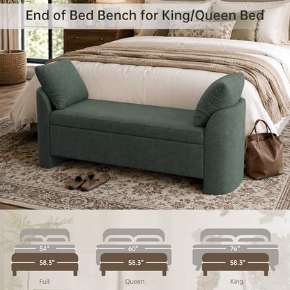 Usaint 58.3" Upholstered Storage Ottoman Bench with 2 Throw Pillows, Green | End of Bed Bench with Curved Arms and Thickened Seat Cushion for Bedroom, Livingroom, Window, Entryway and Dressing Areas - color: Green