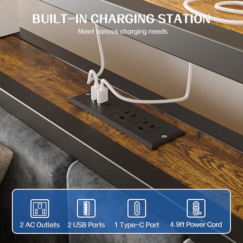 Liians Full Size Bed Frame with LED Lights, Charging Station | Platform Bed with Grey Upholstered Headboard, 2-Tier Storage Shelf, Noise Free, No Box Spring Needed - size: Full