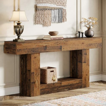 Tribesigns 63" Console Table, Farmhouse 2-Tier Entryway Table with U-Shaped Base, Narrow Long Wood Sofa Table Behind Couch Table for Living Room, Hallway, Foyer, Mix Brown - color: Mix Brown