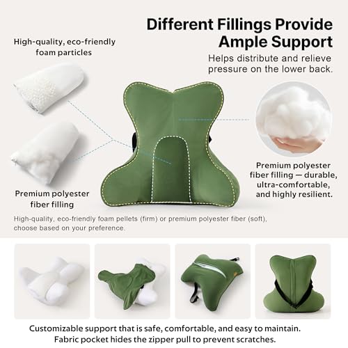 Lumbar Support Pillow(Pat. Pend) for Lower Back Pain Relief – Multi-Functional Ergonomic Lumbar Cushion, Reading Pillow for Office Chair, Car Seat & Sofa,Olive Green - color: Olive Green