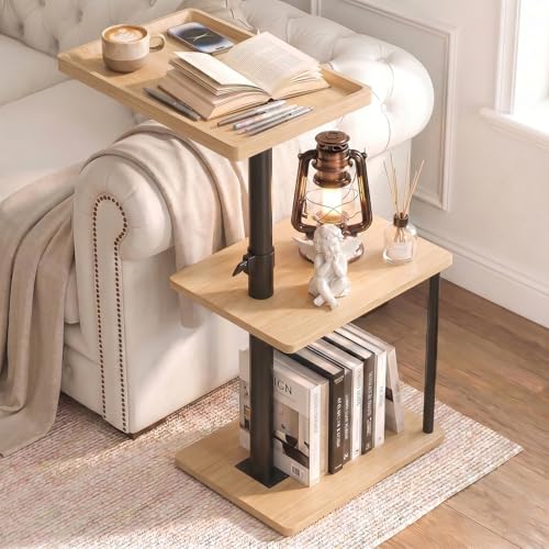 Faesun C Table End Table Adjustable Height, 360°Swivel TV Tray Table for Small Spaces, Small Nightstand for Living Room, Bedroom, Oak - color: Oak, size: Pro
