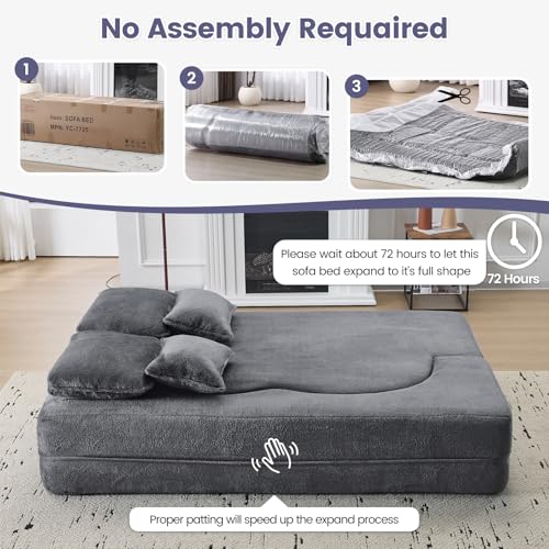 78” Convertible Sofa Bed, Full Size Sleeper Couch, Grey | Boneless Folding Loveseat, Deep Seat, Soft Chenille, 4 Pillows, No Assembly, for Guest Living Room Bedroom - color: Grey, size: 78"