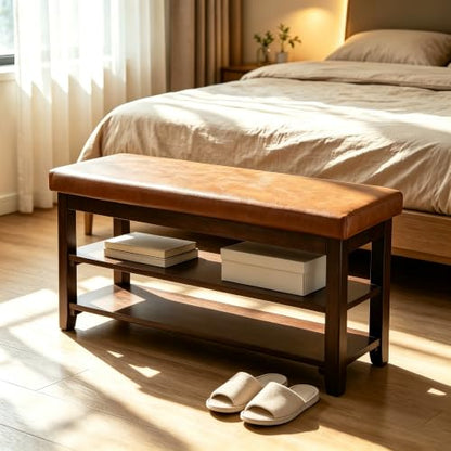 40" Entryway Bench, Shoe Storage Bench, Light Brown | Leather Cushion, Shoe Rack, End of Bed Bench for Front Door Entrance, Mudroom - color: Light Brown