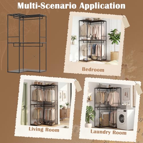 GIANTEX Heavy Duty Clothes Rack, 3-Tier L-Shaped Garment Rack w/3 Open Shelves & 2 Hanging Racks, Anti-Tippling Devices, Industrial Freestanding Closet Organizer for Bedroom, Living Room & Laundry