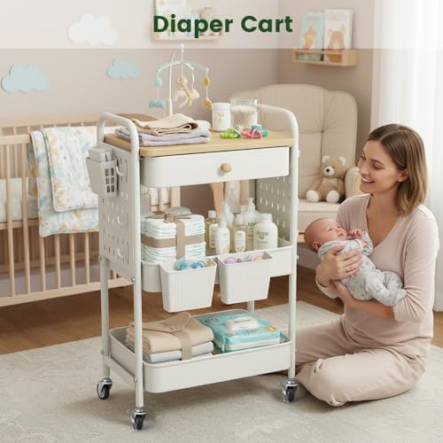 Rolling Utility Cart with Drawer, 3 Tier Rolling Cart with Wheels, Hooks & Hanging Cups, Craft Cart Art Cart Snack Cart Rolling Storage Cart with Wooden Table Top & DIY Pegboards, White