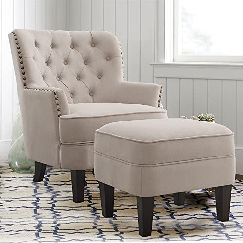 Rosevera Accent Chair with Ottoman Set - Mid-Century Modern Upholstered Armchair for Living Room or Bedroom - Comfy Reading Chair with Footrest, Small Accent Chair - Beige - color: Velvet Natural With Ottoman