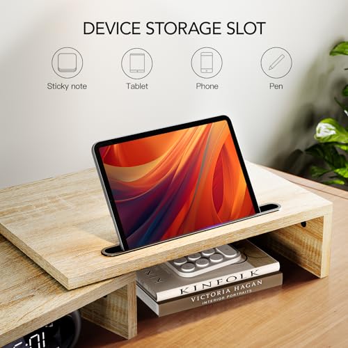 AMERIERGO Dual Monitor Stand Riser- 3 Shelf Screen Stand with Adjustable Length and Angle, 2 Extra Functional Slot Desktop Organizer Stand for PC, Computer, Laptop (Light Wood) - color: Light Wood