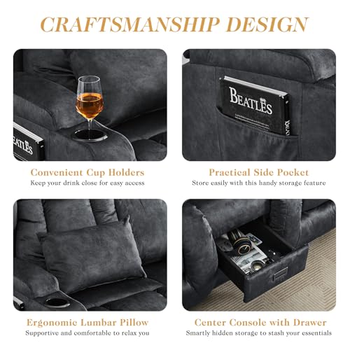 Loveseat Recliner Sofa,RV Wall Hugger Recliners with Flip-up Console,Reclining Loveseat Sofa Recliner with Cup Holders/Lumbar Pillows for Small Spaces,RV Furniture (Gray, 68" 2-Seater) - color: Grey, size: 68" 2-Seater