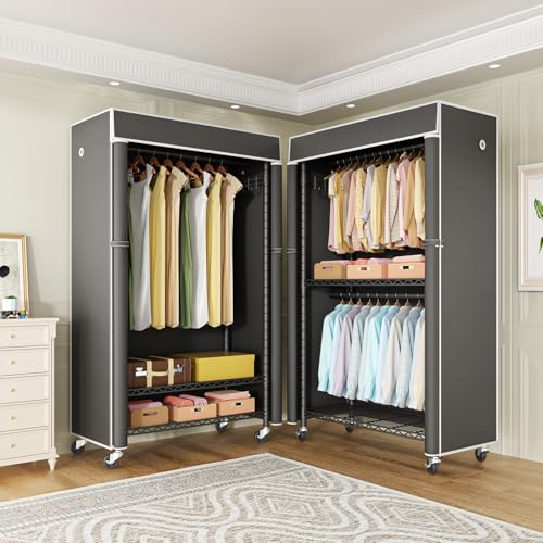 Black Clothing Rack with Dark Gray Cover, P1C Rolling Closets | Metal Garment Rack for Hanging Clothes, Clothing Storage Wardrobe, with Wheels - color: Black Rack With Dark Gray Cover