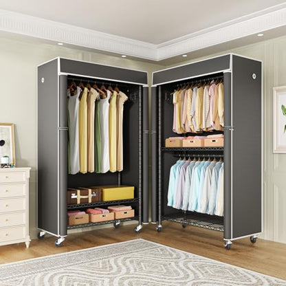 Black Clothing Rack with Dark Gray Cover, P1C Rolling Closets | Metal Garment Rack for Hanging Clothes, Clothing Storage Wardrobe, with Wheels - color: Black Rack With Dark Gray Cover