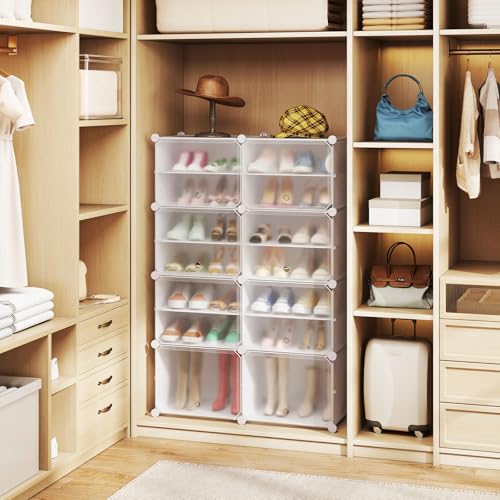Tangkula 48 Pairs Shoe Rack Organizer, 12-Cube Shoe Storage Cabinet with Removable Shelf, 5 Hanging Hooks, DIY Shoe Shelves with Doors, 24 Tiers Free Standing Shoe Tower Rack for Entryway (White)