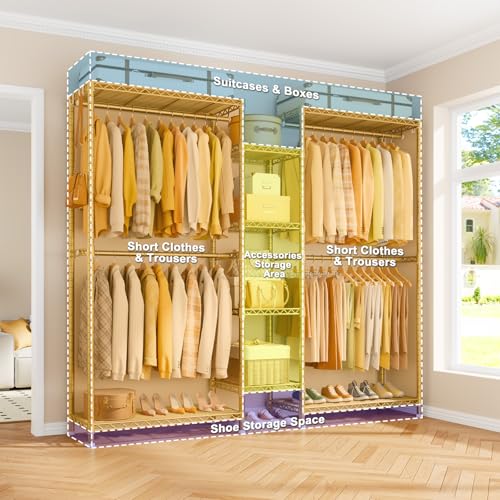 E4L Corner Clothes Rack, L Shaped Garment Rack, Heavy-Duty Freestanding Closet System with Shelves and Hangers, Max Load 962lbs, 42.7" W x 42.7" D x 79.3" H, Gold - color: Gold