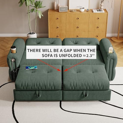 80.4" Queen Sleeper Sofa Bed, 3 in 1 Convertible Pull Out Couch with USB Ports & Cup Holders, Modern Chenille Loveseat Sofabed with Adjustable Backrest for Living Room, Bedroom, Apartment - color: Green, style: Sofabed w/USB &Cup Holders