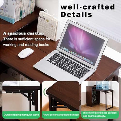 Bamboo Fold Out Desk with Storage, Mid Century Hideaway Desk for Small Spaces, Folding Computer Desk for Home Office Bedroom Apartment, Space Saving - color: Walnut