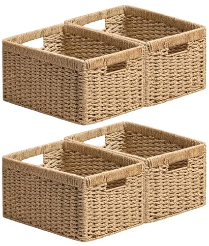 UBBCARE 4 Pack Wicker Basket, 13.4L×8.3H×7.1W inch Woven Paper Rope Storage Baskets for Shelves, Foldable Rectangular Storage Baskets with Handle, Storage Basket for Organizing, Natural - color: Natural, size: Rectangular- 4pack 13.4"×8.3"×7.1"