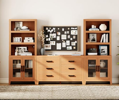 WAMPAT Entertainment Center with Bookshelves, Farmhouse TV Stand, Wood Media Console with Glass Doors and 6 Storage Drawers for Living Room, Bedroom, Mocha - color: Mocha