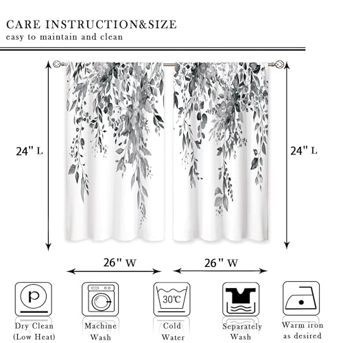 Eucalyptus Botanical Leaves Grey Floral Kitchen Window Curtains Over Sink Farmhouse Flower Leaf Small Window Treatment Cafe Short Curtains for Bathroom Treatment Tier Drapes 26x24 inch - color: 11 Grey White, size: 26"W x 24"L (Pack of 2)