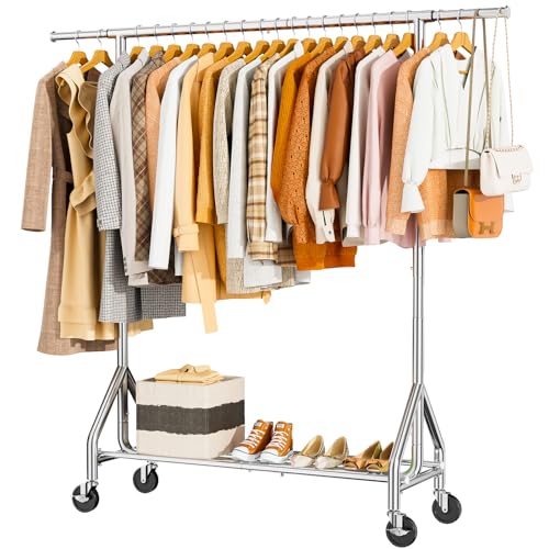 HYSEYY Heavy Duty Clothes Rack Load 450 LBS, Metal Garment Rack, Standing Rolling Clothing Rack for Hanging Clothes with Sturdy Wheels & Shelves, Portable Closet Wardrobe Rack,Sliver - color: Sliver